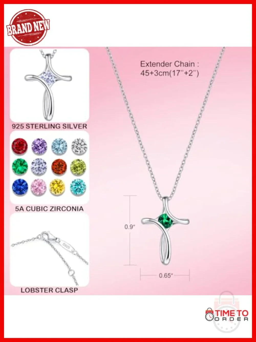 925 Sterling Silver Cross Birthstone Necklace with Diamond CZ Pendant